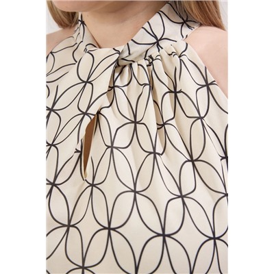 Ekru Geometrik Desenli Halter Yaka Dokuma Büyük Beden Bluz TBBSS25AF00095