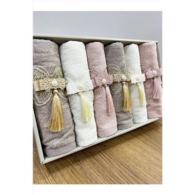 AYHANHOME 6'lı Fiyonklu Püsküllü Kutulu Çeyizlik 30x50 Kadife Mutfak Havlusu 6*lı*FLSYA**FİYONK*M