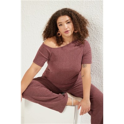 Mürdüm Asimetrik Yaka Fitted Bürümcük Dokulu Kumaş Örme Büyük Beden Alt-Üst Takım TBBSS25CP00006