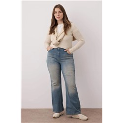 Koyu Mavi Soluk Efekt Vintage Yüksel Bel İspanyol Paça Büyük Beden Jeans TBBAW26CJ00004