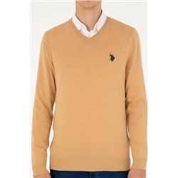 Erkek Slim Fit V Yaka Camel Melanj Basic Kazak