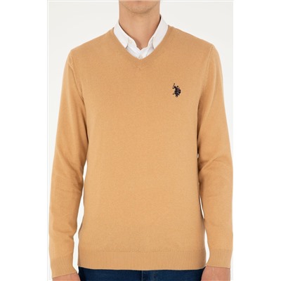Erkek Slim Fit V Yaka Camel Melanj Basic Kazak