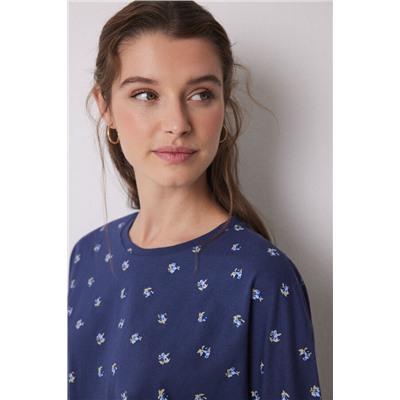 Pijama largo 100% algodón azul flores