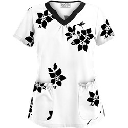 UA Spacious Bouquet White Scallop Neck Scrub Top