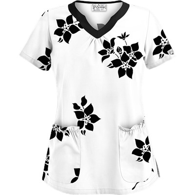 UA Spacious Bouquet White Scallop Neck Scrub Top