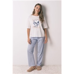Pijama largo manga corta algodón Snoopy Vichy