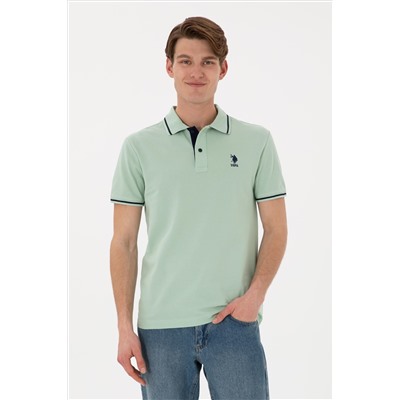 Erkek Slim Fit Polo Yaka Su Yeşili Basic Tişört