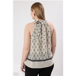 Ekru Geometrik Desenli Halter Yaka Dokuma Büyük Beden Bluz TBBSS25AF00095