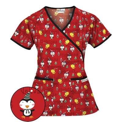 UA Christmas Chicks Red Mock Wrap Scrub Top