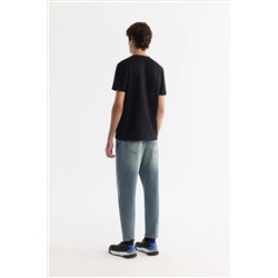 Siyah Bisiklet Yaka Baskılı Elastan T-Shirt