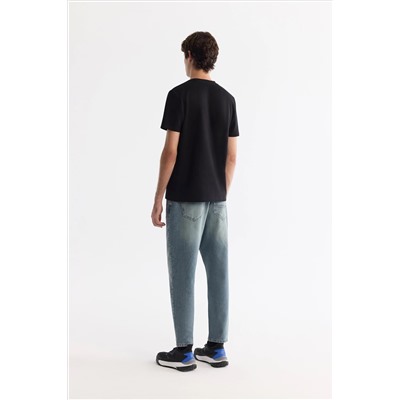 Siyah Bisiklet Yaka Baskılı Elastan T-Shirt
