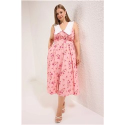 Pembe  Çiçekli Poplin %100 Pamuk Bebe Yaka Midi Dokuma Büyük Beden Elbise TBBSS25AH00158