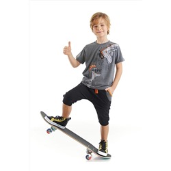 Denokids Summer Fun Erkek Çocuk Gri T-shirt Siyah Kapri Şort Yazlık Takım CFF-23Y1-071