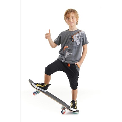 Denokids Summer Fun Erkek Çocuk Gri T-shirt Siyah Kapri Şort Yazlık Takım CFF-23Y1-071