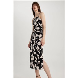Defacto Bodycon Kare Yaka Floral Keten Karışımlı Askılı Midi Elbise A3320AX23HS