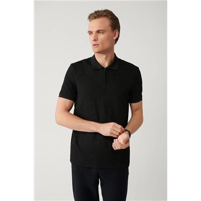 Avva, Erkek Siyah Fermuarlı Jakarlı Polo Yaka T-shirt A41y1118