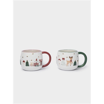 Кружка, 400 мл, 2 шт, керамика, зеленая/красная, Олень и Кот, New year