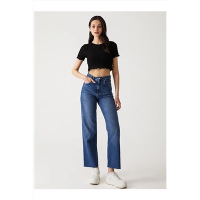 Ltb Dokulu Crop Top Siyah T-shırt 012238013960031
