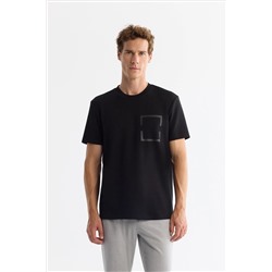 Siyah Bisiklet Yaka Baskılı Elastan T-Shirt