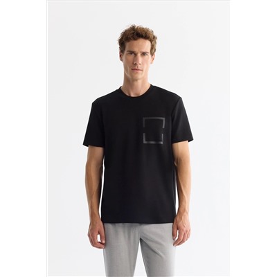 Siyah Bisiklet Yaka Baskılı Elastan T-Shirt