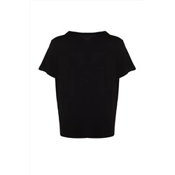 Siyah Boyfriend Fit Balık Baskılı %100 Pamuk Örme Büyük Beden T-Shirt TBBSS22TS2121