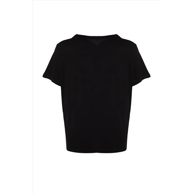 Siyah Boyfriend Fit Balık Baskılı %100 Pamuk Örme Büyük Beden T-Shirt TBBSS22TS2121