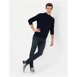 Lacivert Slim Fit Çeyrek Yaka Basic Triko Kazak