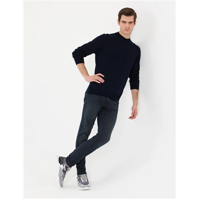 Lacivert Slim Fit Çeyrek Yaka Basic Triko Kazak