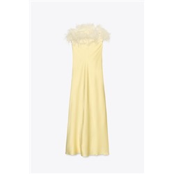 FEATHERED SATIN MIDI DRESS