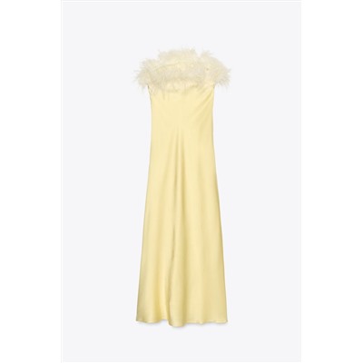 FEATHERED SATIN MIDI DRESS