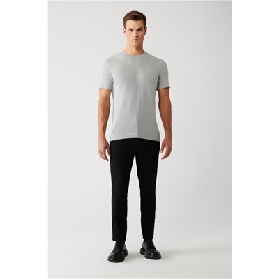 Gri Bisiklet Yaka Pamuklu Regular Fit Standart Kesim İnce Triko T-Shirt