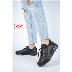 Deripabuc Hakiki Deri Siyah Siyah Kadın Deri Sneaker Spor Ayakkabı Dp71-0110 DP71-0110