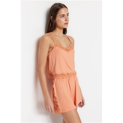 TRENDYOLMİLLA Somon Dantel Detaylı Atlet-Şort Örme Pijama Takımı THMSS23PT00128