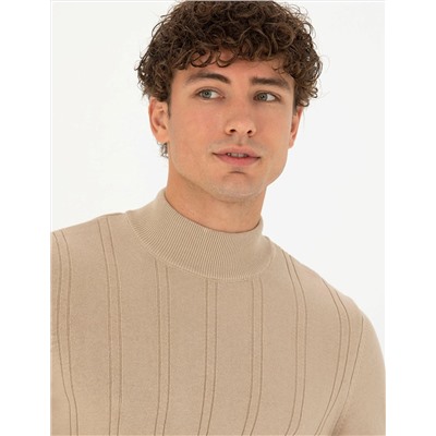 Bej Slim Fit Yarım Balıkçı Triko Kazak