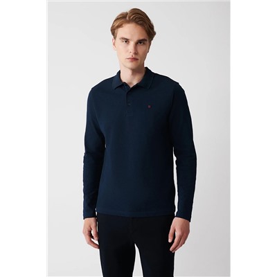 Avva Erkek Lacivert 3 Düğmeli Polo Yaka %100 Pamuk Standart Fit Normal Kesim Sweatshirt E001003