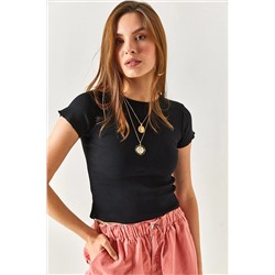 Olalook Kadın Siyah Overlok Detaylı Crop Likralı Bluz BLZ-19002352