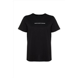 Siyah Boyfriend Fit Slogan Baskılı Bisiklet Yaka %100 Pamuk Örme Büyük Beden T-Shirt TBBSS23BF00022