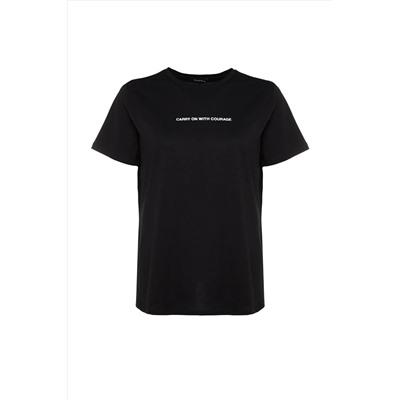 Siyah Boyfriend Fit Slogan Baskılı Bisiklet Yaka %100 Pamuk Örme Büyük Beden T-Shirt TBBSS23BF00022