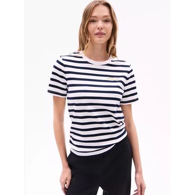 Gold Button Stripe Crewneck T-Shirt