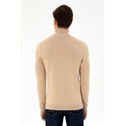 Erkek Slim Fit Boğazlı Yaka Kum Melanj Basic Kazak