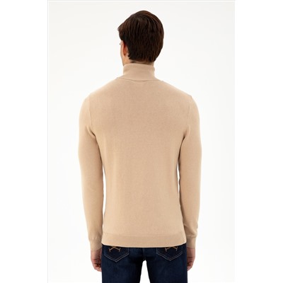 Erkek Slim Fit Boğazlı Yaka Kum Melanj Basic Kazak