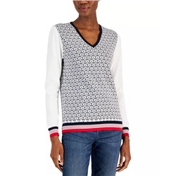 TOMMY HILFIGER Women's Anchor Print Cotton V-Neck Sweater