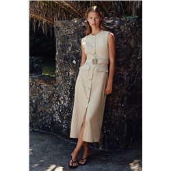 LINEN BLEND BUCKLE MIDI DRESS
