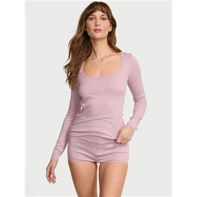 Pointelle Modal Long-Sleeve Scoop Top & Shortie Set