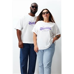 Ekru Unisex Oversize Rahat %100 Pamuklu Couple Örme T-Shirt TBBSS24BF00033