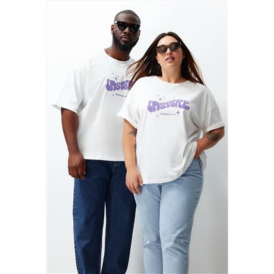 Ekru Unisex Oversize Rahat %100 Pamuklu Couple Örme T-Shirt TBBSS24BF00033
