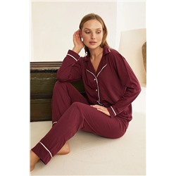 Siyah İnci Mor Pamuklu Düğmeli Biyeli Pijama Takım 7314