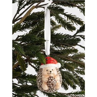 Игрушка елочная, 8 см, керамика, коричневая, Еж с шишкой, New year
