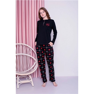 AHENGİM Kadın Pijama Takımı Genç Interlok Kalpli Ekose Pamuklu Mevsimlik W20372246 1-2-10001188