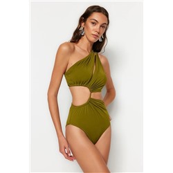 TRENDYOLMİLLA Haki Tek Omuz Tünelli Cut Out/Pencereli Regular Core Mayokini TBESS23MA00206